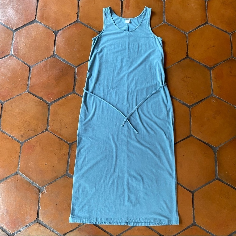 Lole Maxi Tank Dress Blue Jersey Stretch Size Large L Sleeveless Belted Stretch